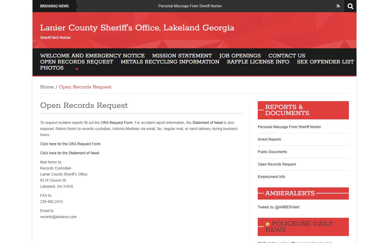 Lanier County Sheriff's Office open-records request instructions