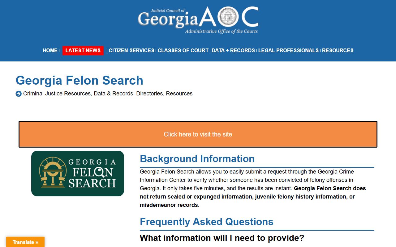 Georgia Felon Search page for felony conviction checks