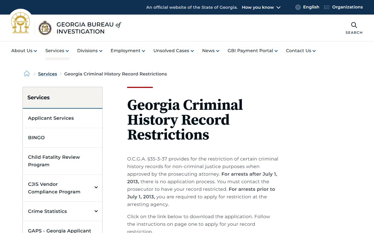 GBI criminal history record restrictions guidance page