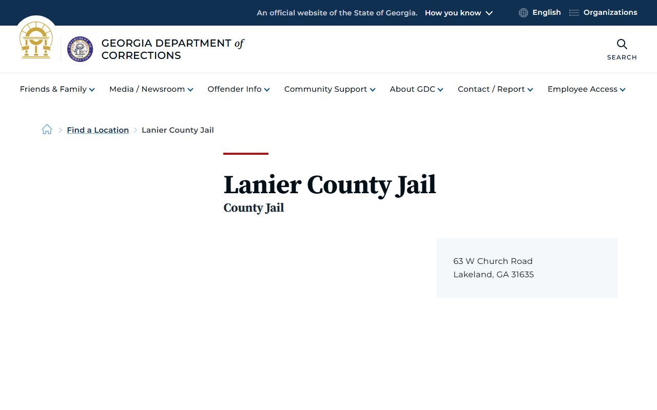 Georgia Department of Corrections location page for Lanier County Jail
