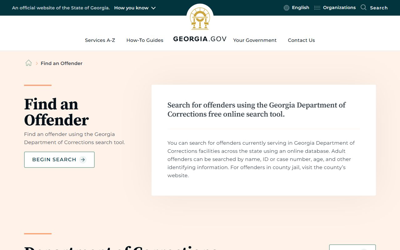 Georgia.gov Find an Offender page explaining GDC search and county jail limits