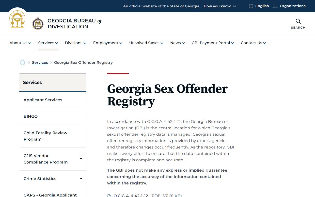 GBI sex offender registry service page describing the central repository