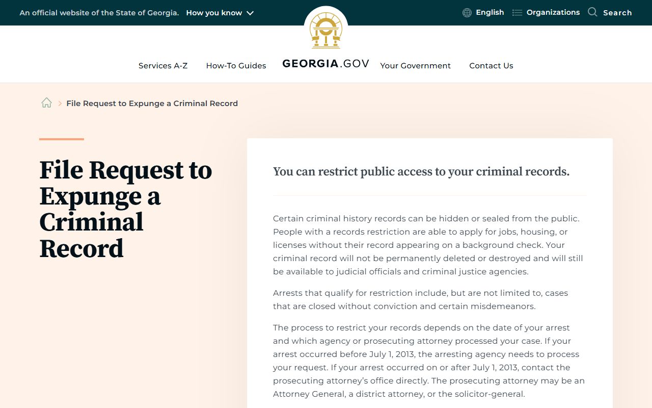 Georgia.gov record restriction request page explaining GCIC submission after approval