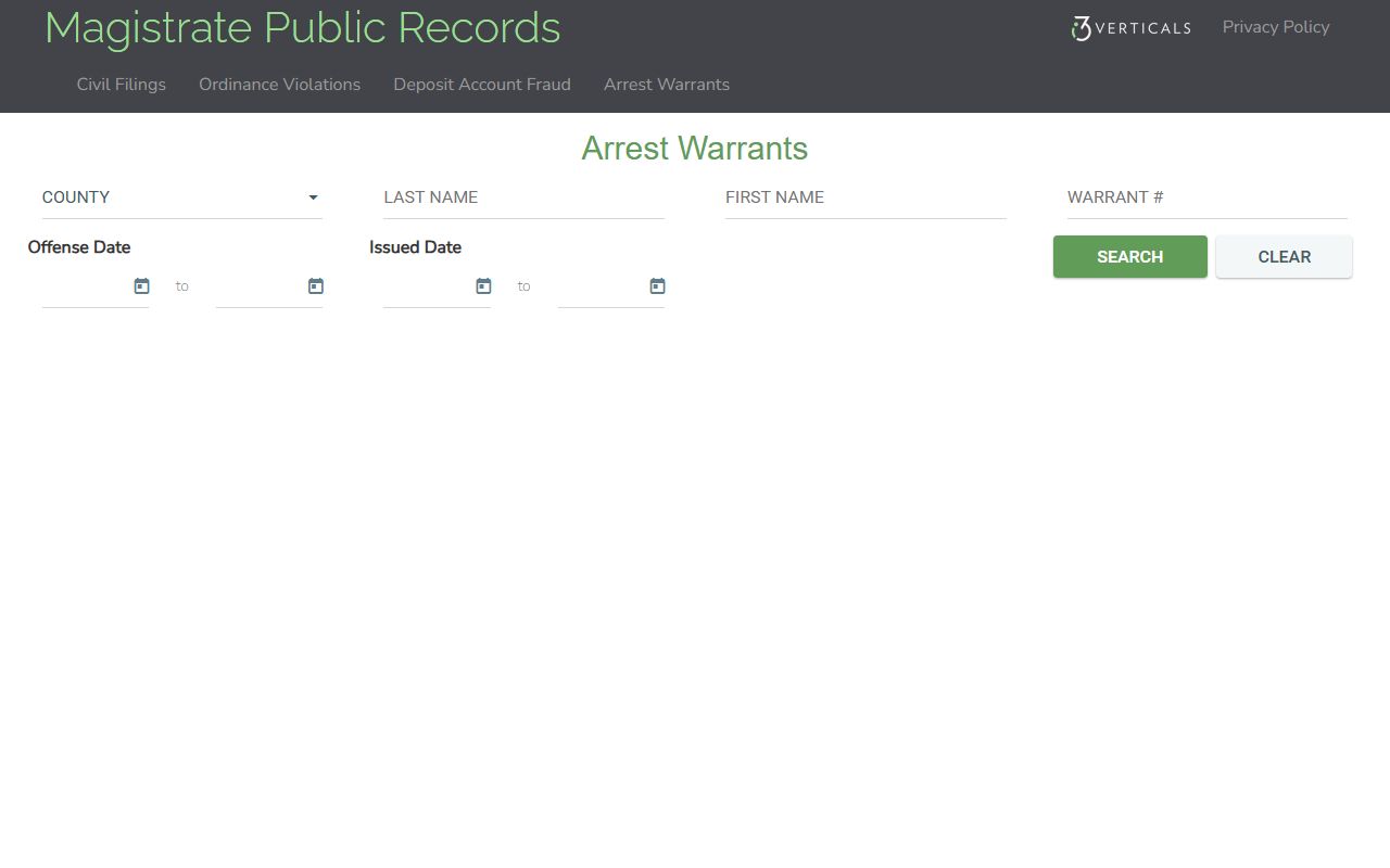 Georgia Magistrate Records arrest warrant search form with participating county dropdown