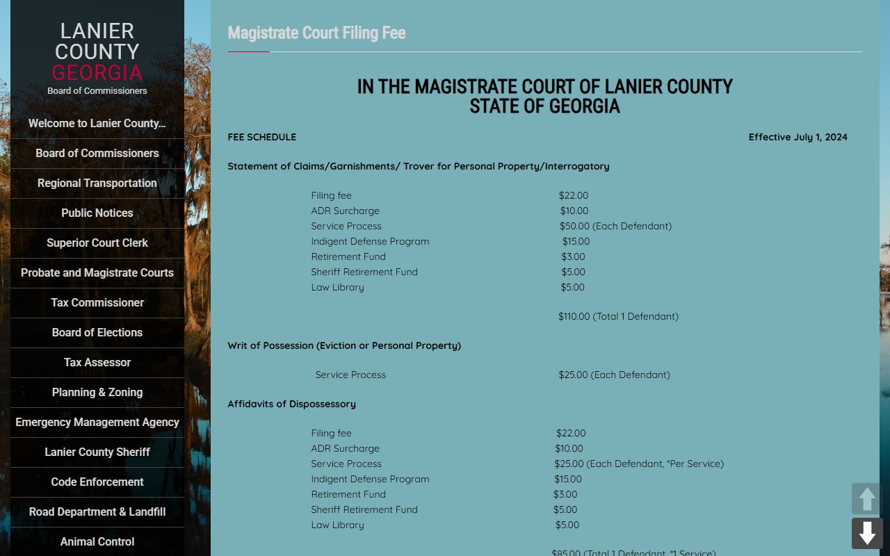 Lanier County Magistrate Court filing fee schedule effective July 1 2024